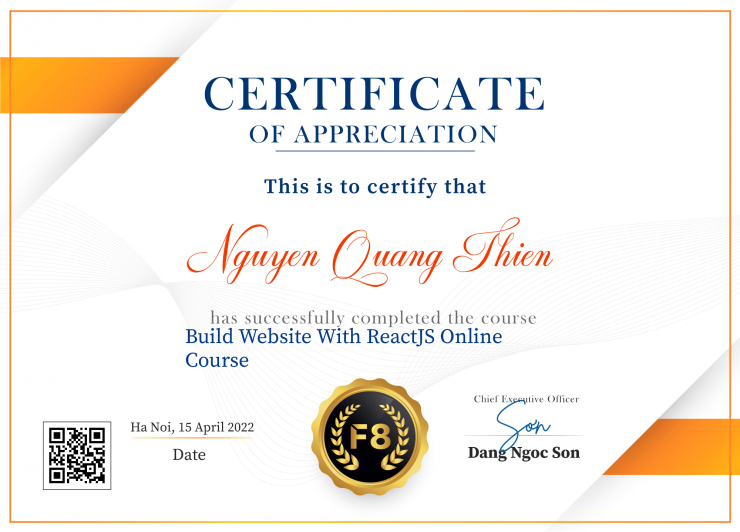 Build Website With ReactJS Certificate Nguyen Quang Thien F8